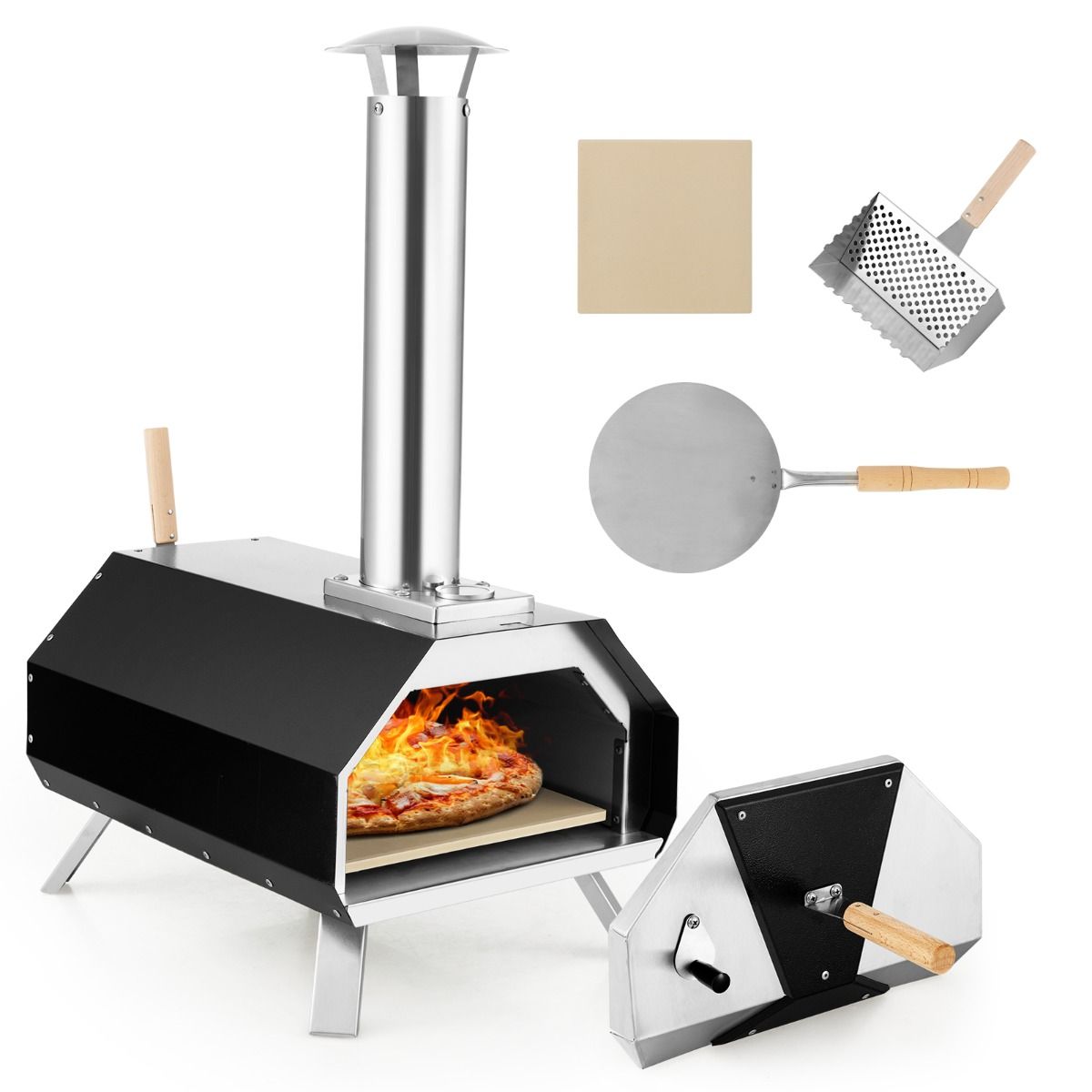 Four à Pizza Extérieur en Acier Inoxydable avec Pierre à Pizza de 30,5cm Four à Bois pour Pizza avec Pelle Pare-feu Pieds Pliables