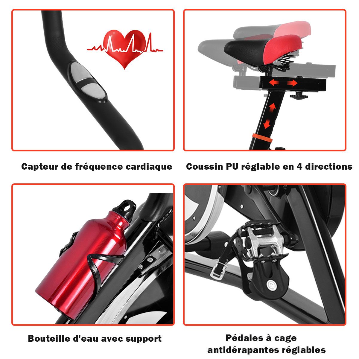 Vélo D’appartement Vélo Silencieux avec Courroie et Roue D’inertie en Fer de 10kg Guidon et Selle Ajustable Noir + Rouge