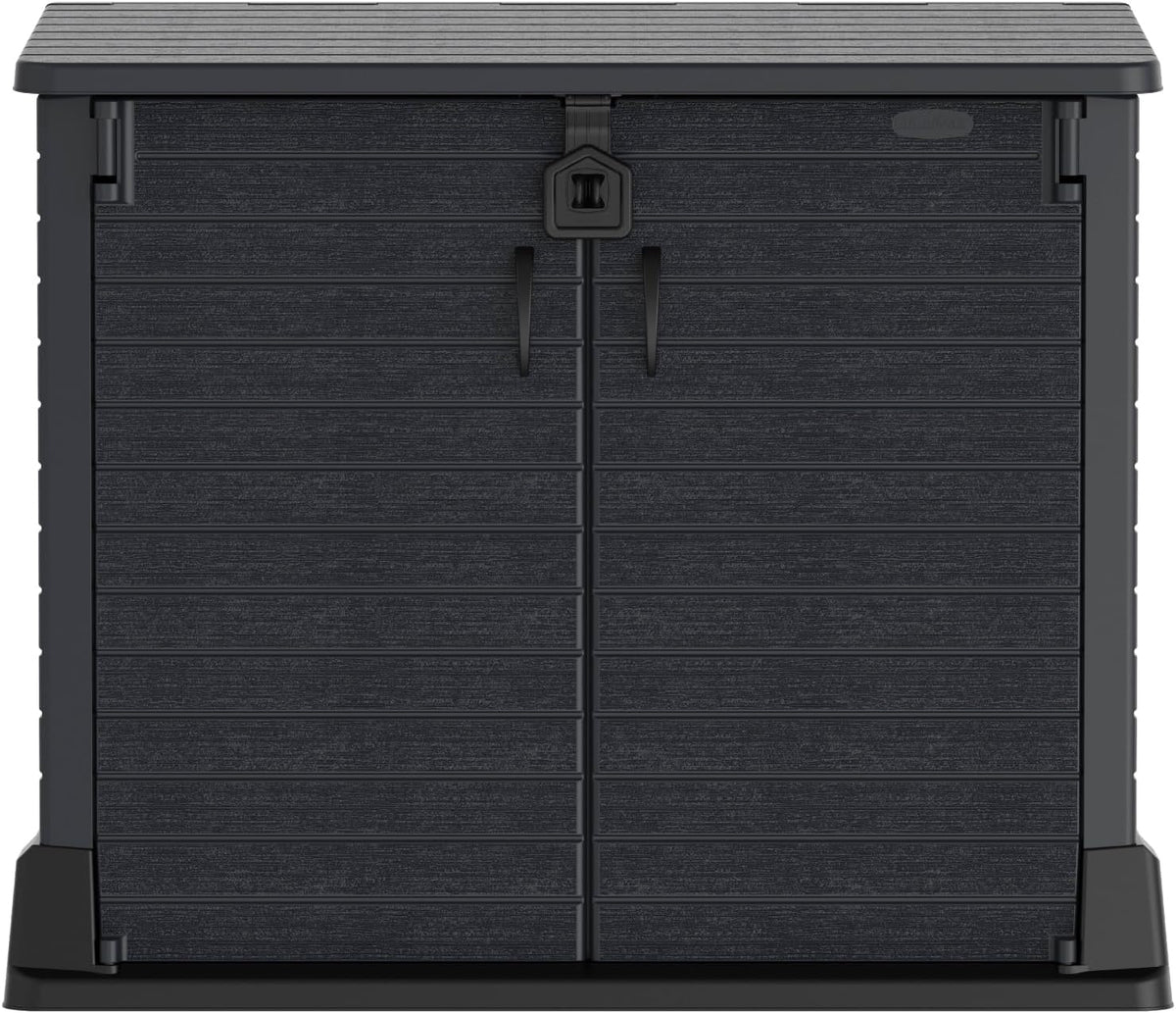 Duramax StoreAway 1200L Plastic Garden Shed/ Flat Lid, Outdoor Storage Shed, Wheelie Bin Hideaways, Wheelie bin box, Durable Construction, Ideal for Bikes, BBQs & 2x 240L Bins, 145x85x125 cm, Brown