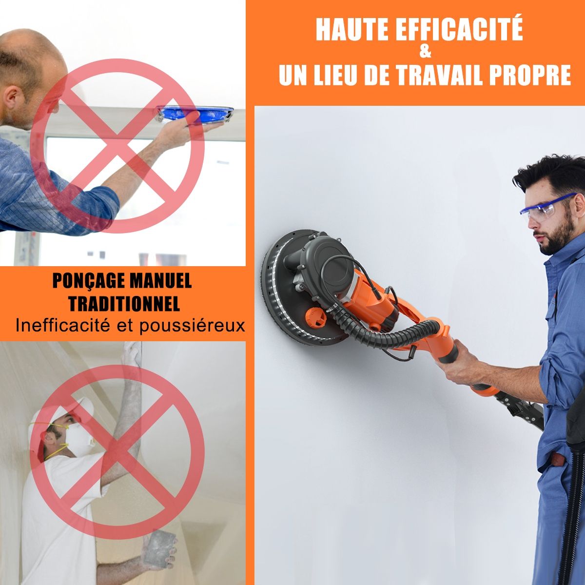 Ponceuse à Platre Murale 750W ? 225mm Aluminium 6 Vitesses Variables Lumières LED Manche Télescopique 12 Disques Abrasifs