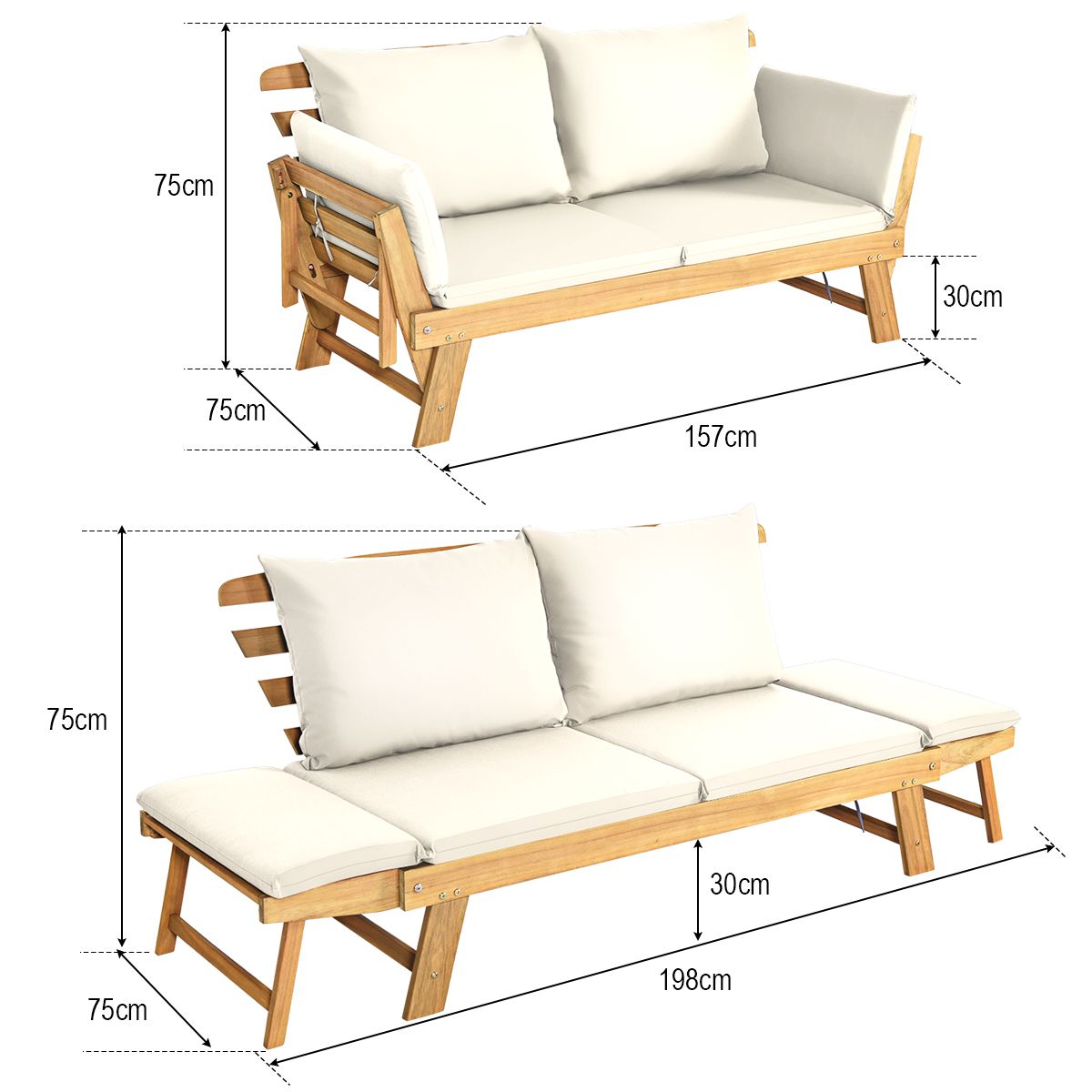 Chaise Longue Convertible avec Coussin Canapé de Jardin 2 en 1 en Bois d’Acacia avec Accoudoir Réglable pour Patio Piscine Jardin Blanc/Gris/Bleu/Rouge