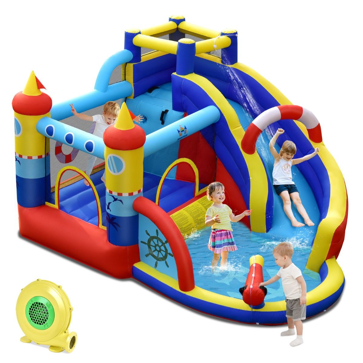 Chateau Gonflable Style Bateau avec Toboggan Incurvé Zone de Saut Mur d'Escalade avec Gonfleur 450 W