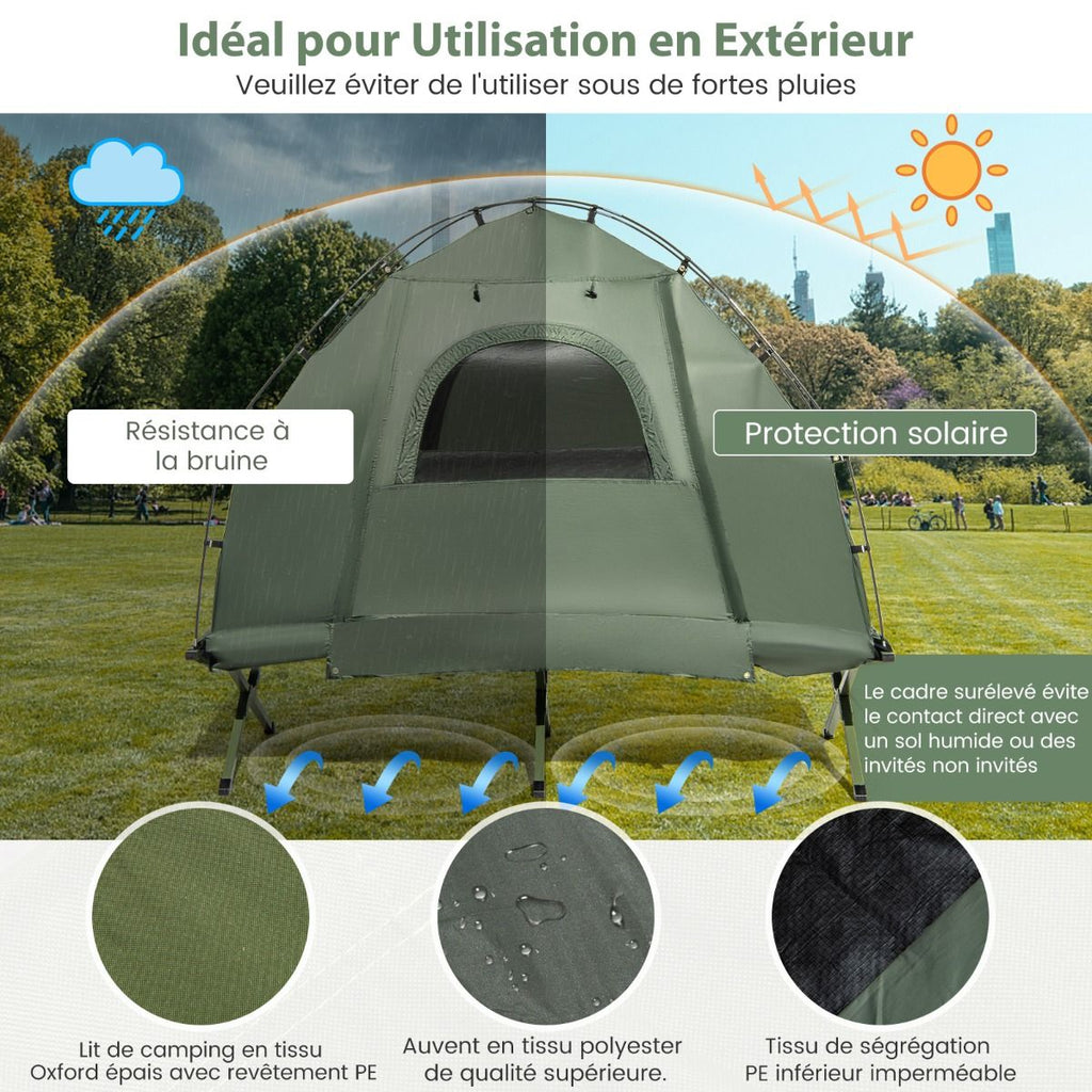 Tente de Camping avec Lit pour 1 Personne Lit de Camping Pliant 5 en 1 avec Matelas Pneumatique Oreiller Sac de Couchage Tente Surélevée étanche