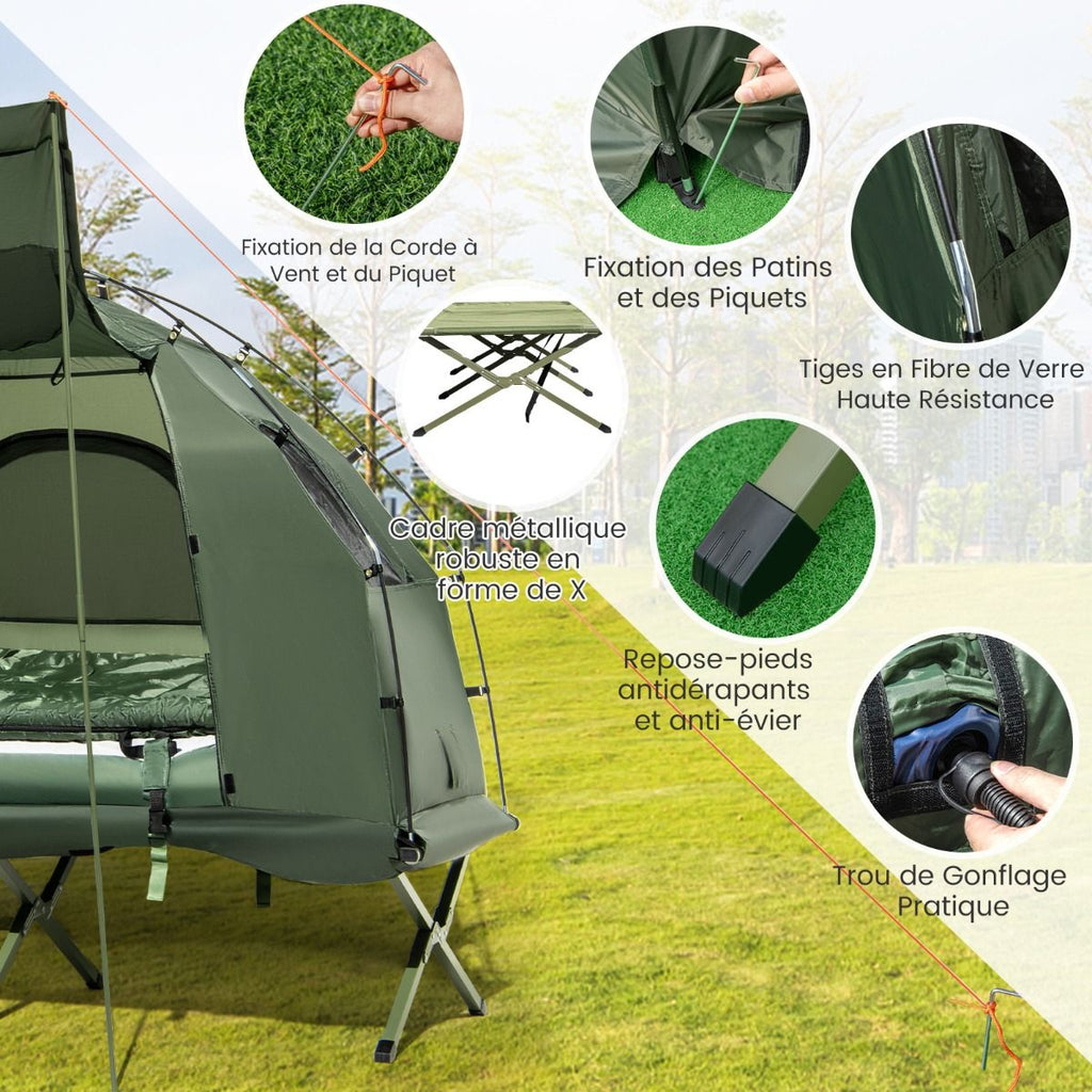 Tente de Camping avec Lit pour 1 Personne Lit de Camping Pliant 5 en 1 avec Matelas Pneumatique Oreiller Sac de Couchage Tente Surélevée étanche