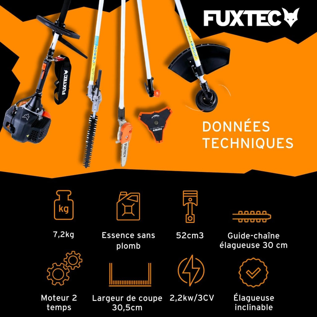 Fuxtec Débroussailleuse Thermique Multifonction 5 en 1 Multitool FX-MT152E - Easy Starter 3CV 52 cm3, Moteur 2 Temps, élagueuse Taille Haie Coupe Bordure Avec Fil ou Lame 1 Mètre Rallonge