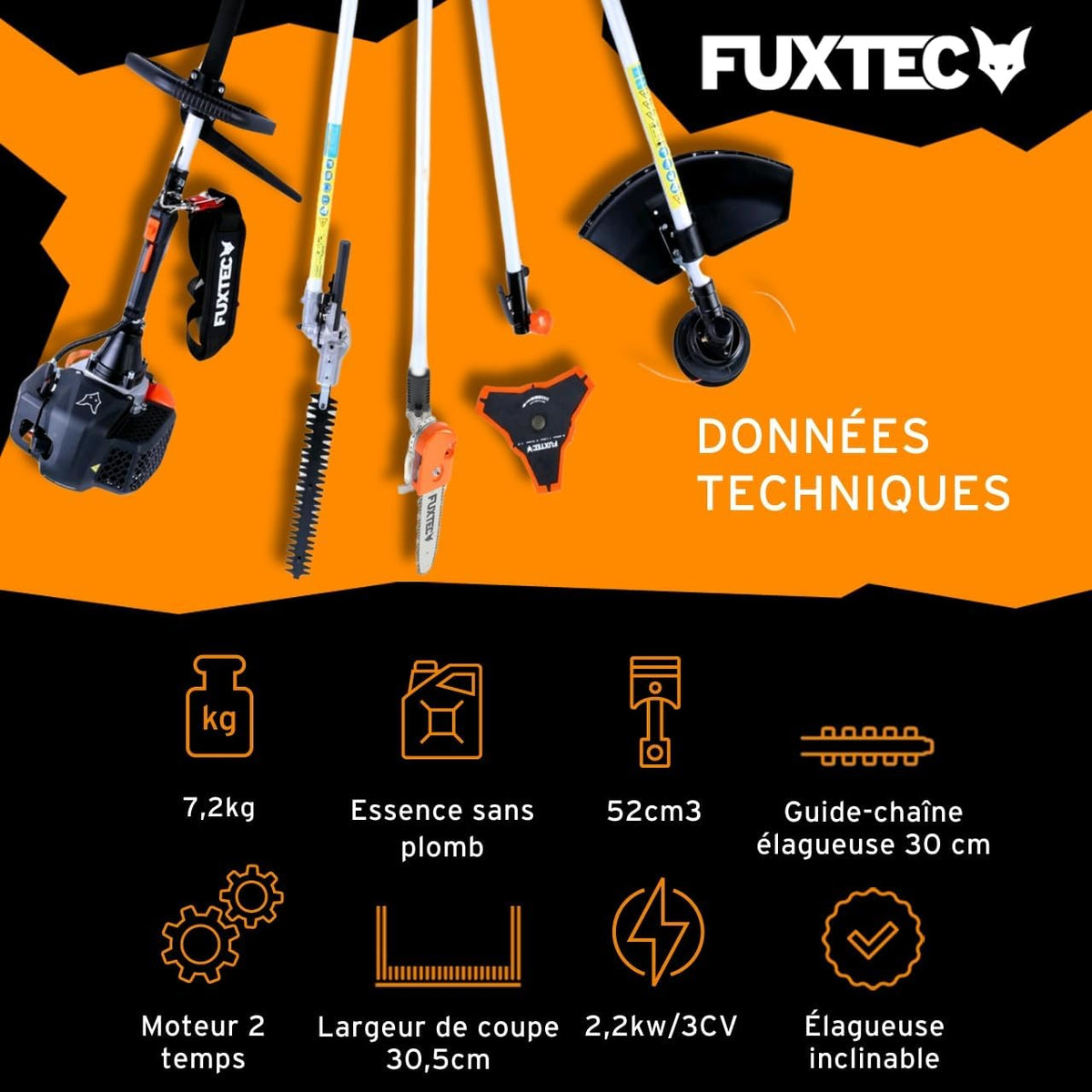 Fuxtec Débroussailleuse Thermique Multifonction 5 en 1 Multitool FX-MT152E - Easy Starter 3CV 52 cm3, Moteur 2 Temps, élagueuse Taille Haie Coupe Bordure Avec Fil ou Lame 1 Mètre Rallonge