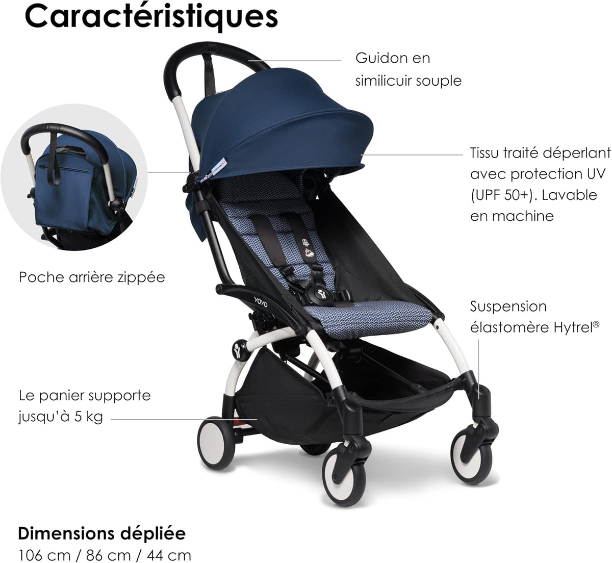 Poussette BABYZEN YOYO2 6+ (Cadre noir + pack couleur Aqua) - Comprend un harnais, un dossier, des arceaux de capote, une bandoulière, un coussin d’assise, et une capote assortie