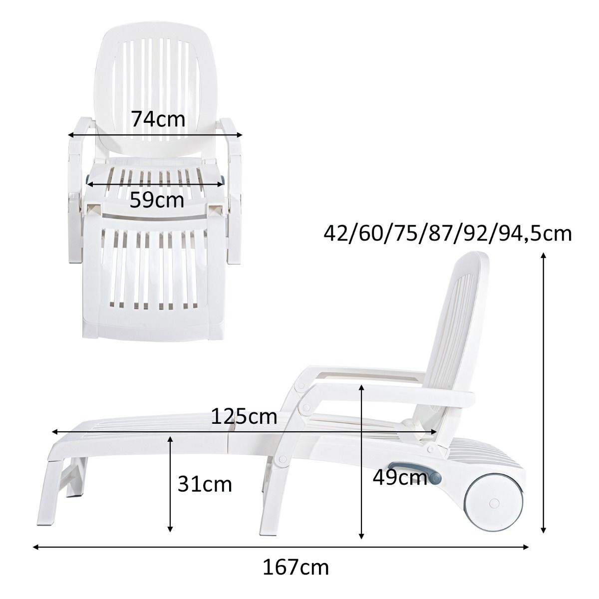 Chaise Longue Inclinable Réglable à 5 Positions avec Roues Flexibles Fauteuil Relax de Camping avec Bo?te de Rangement Charge 150KG Blanc