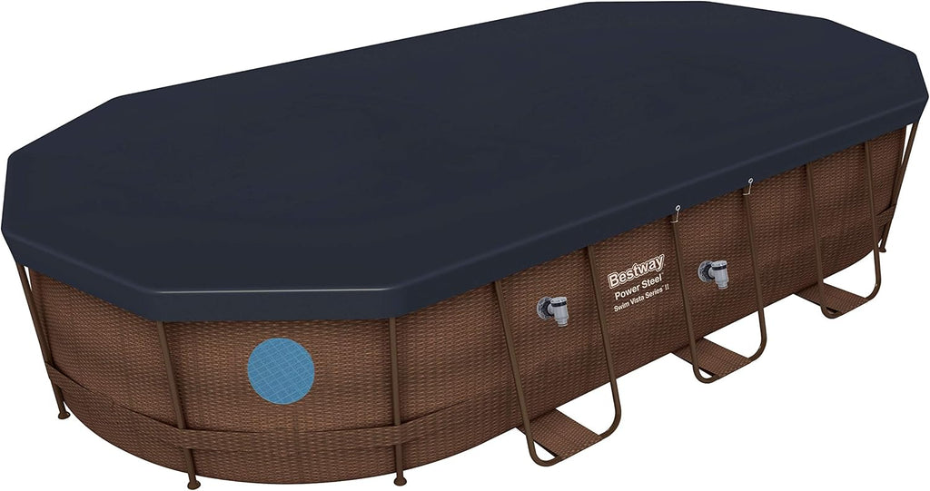 Bestway 56946 Piscine Power Steel? Swim Vista ovale 488 x 305 x 107 cm motif rotin avec hublots, filtration à sable, échelle, bache et diffuseur Chemconnect?