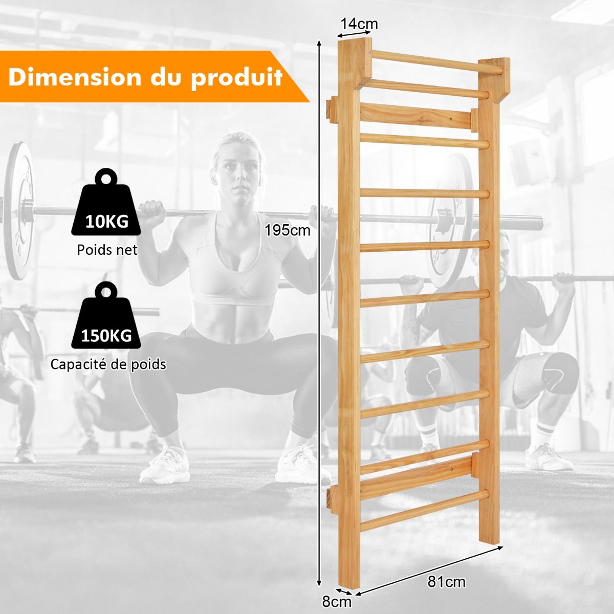 Espalier Mural Espalier de Gymnastique Capacité 150 kg Diamètre Barre 3,3 cm en Bois de Pin 195x80x14cm Naturel