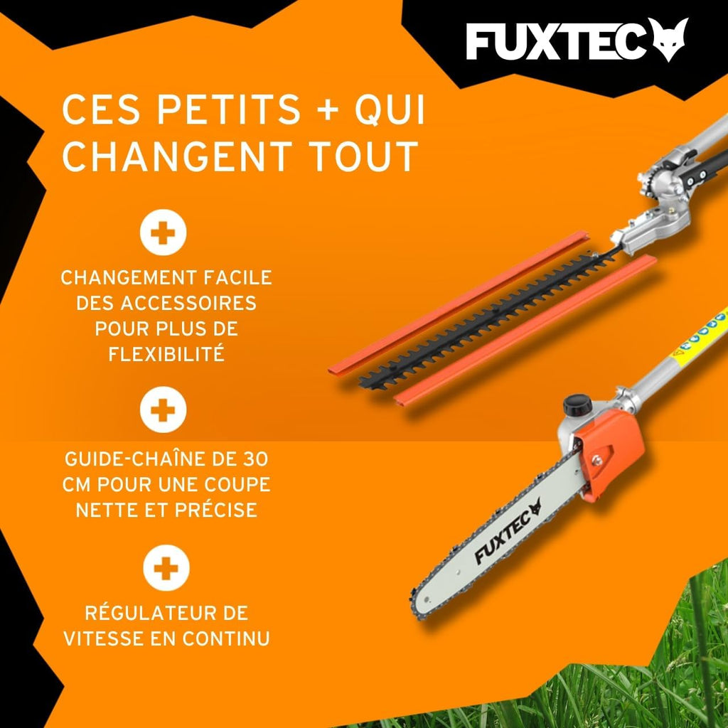 Fuxtec Débroussailleuse Thermique Multifonction 5 en 1 Multitool FX-MT152E - Easy Starter 3CV 52 cm3, Moteur 2 Temps, élagueuse Taille Haie Coupe Bordure Avec Fil ou Lame 1 Mètre Rallonge