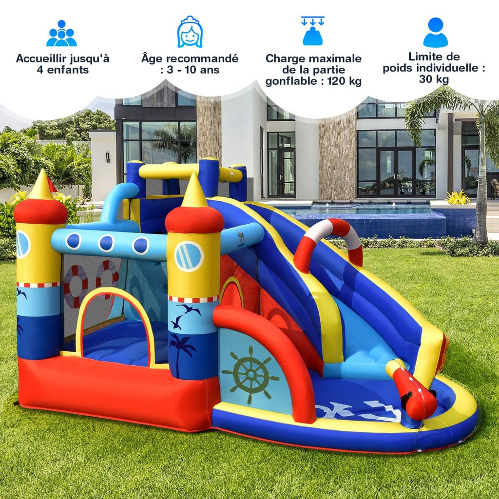 Chateau Gonflable Style Bateau avec Toboggan Incurvé Zone de Saut Mur d'Escalade avec Gonfleur 450 W