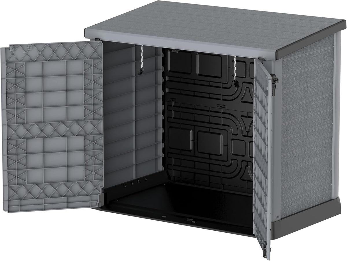 Duramax StoreAway 1200L Plastic Garden Shed/ Flat Lid, Outdoor Storage Shed, Wheelie Bin Hideaways, Wheelie bin box, Durable Construction, Ideal for Bikes, BBQs & 2x 240L Bins, 145x85x125 cm, Brown