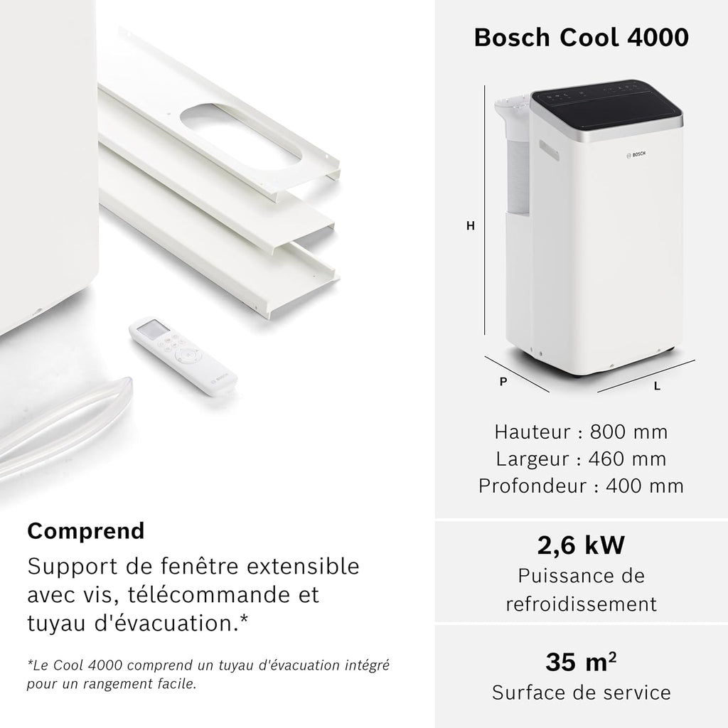 Bosch Cool 4000 Portable AC - 3 en 1 : Climatiseur, Déshumidificateur, Ventilateur - 2,6 kW pour les pièces jusqu'à 35m2 - Avec Mode Auto, Mode Silencieux et Mode Veille (48 db (A)) [Classe A+]