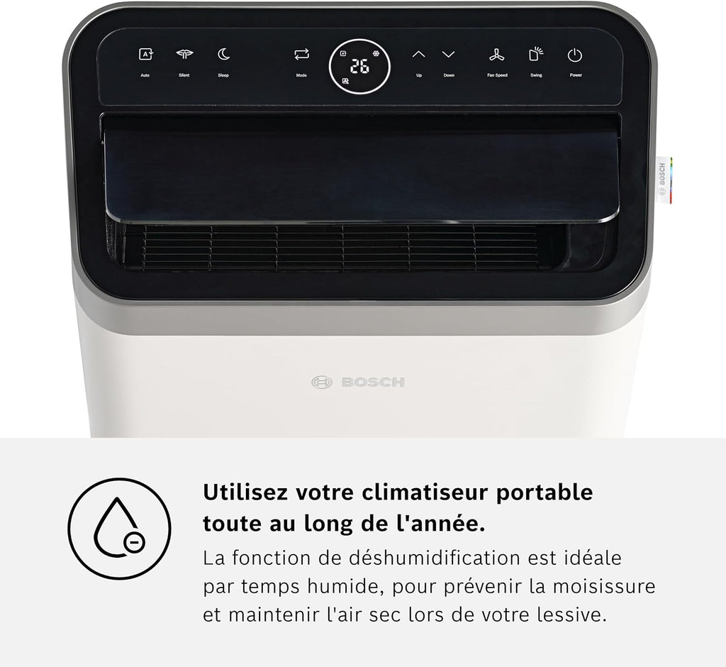 Bosch Cool 4000 Portable AC - 3 en 1 : Climatiseur, Déshumidificateur, Ventilateur - 2,6 kW pour les pièces jusqu'à 35m2 - Avec Mode Auto, Mode Silencieux et Mode Veille (48 db (A)) [Classe A+]