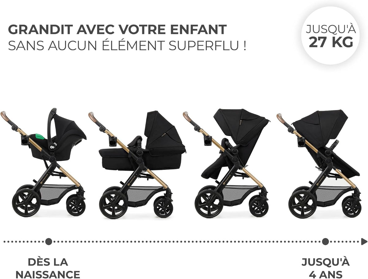 Kinderkraft MOOV2 Poussette 3 en 1, Système de voyage de la naissance à 27 kg, Siège auto Mink PRO I-Size inclus, Capote extensible avec filtre UPF50+, Accessoires pratiques, Gris