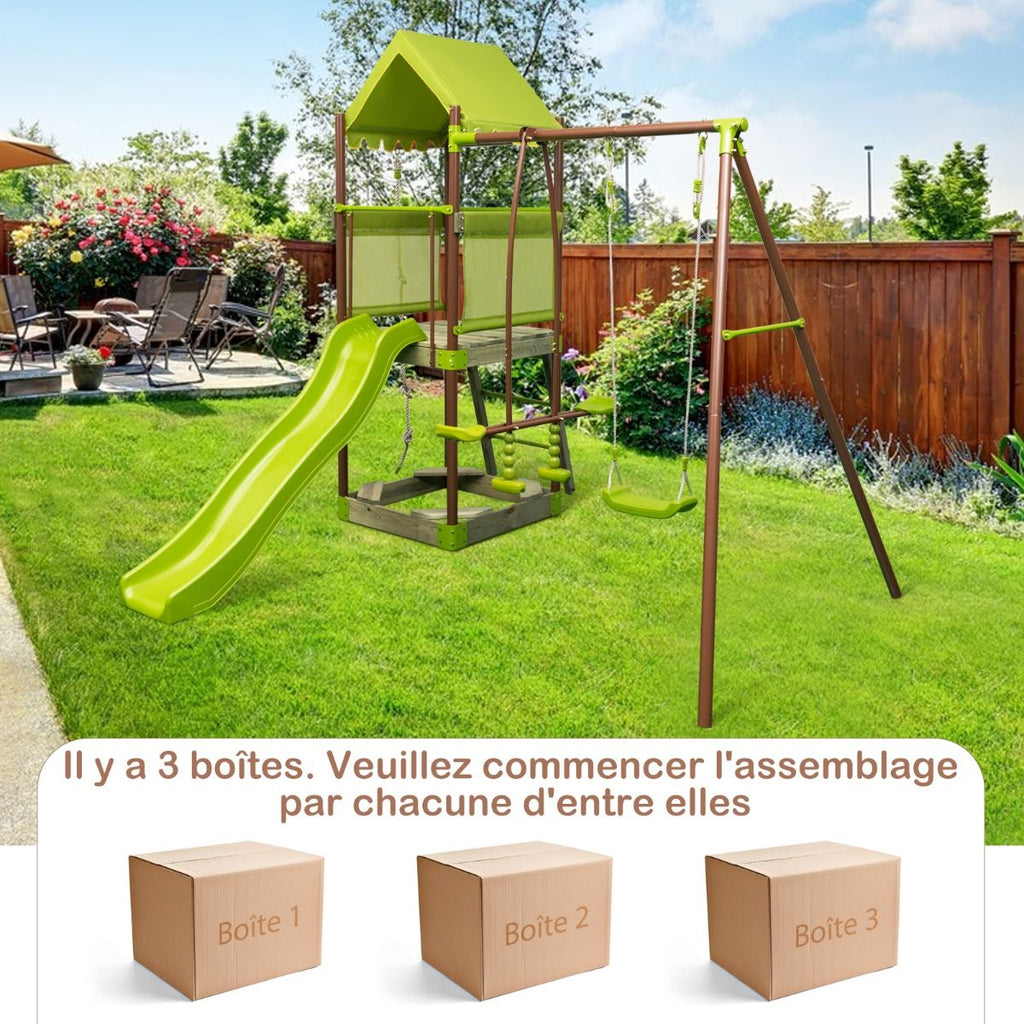 Balan?oire 7-en-1 Aire de Jeu en Métal avec Fort Couvert Réglable en Hauteur Corde d'Escalade Bac à Sable Glisseur Toboggan Ondulé Vert