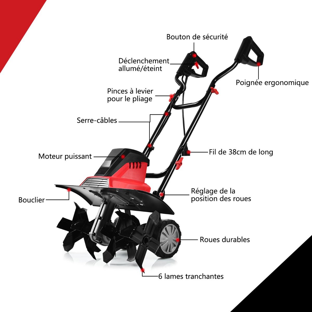 Motobineuse Motoculteur électrique 1500W Profondeur Travail 22CM Largeur 43CM avec Poignée Pliable Roues Réglables 6 Lames
