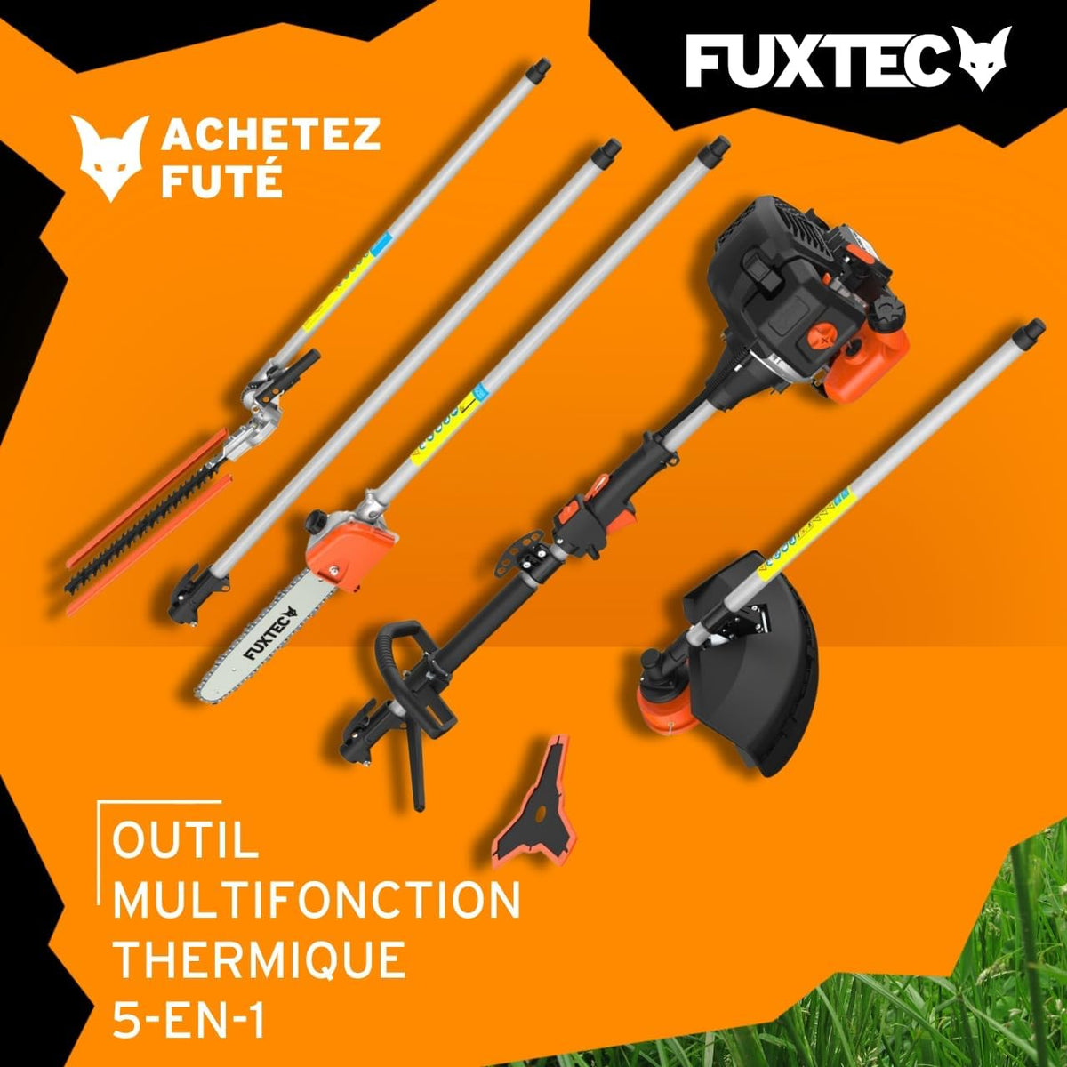 Fuxtec Débroussailleuse Thermique Multifonction 5 en 1 Multitool FX-MT152E - Easy Starter 3CV 52 cm3, Moteur 2 Temps, élagueuse Taille Haie Coupe Bordure Avec Fil ou Lame 1 Mètre Rallonge