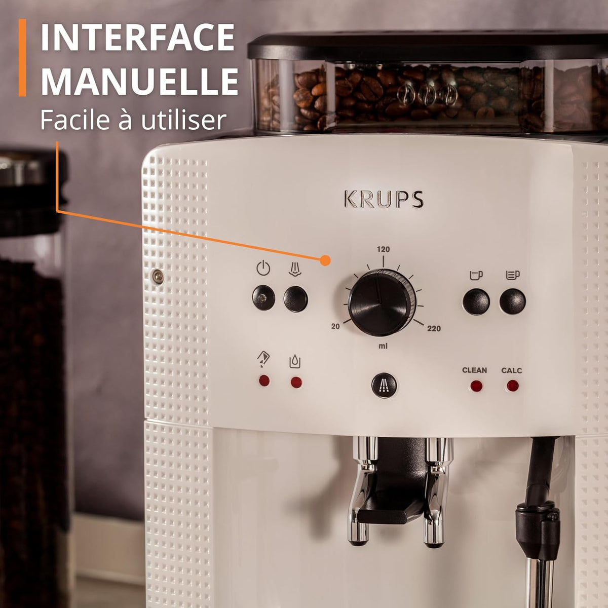 Krups Machine à café grain, 1,7 L, 2 tasses en simultané, Nettoyage automatique, Buse vapeur pour Cappuccino, Cafetière espresso, Essential noire YY8125FD, Noir