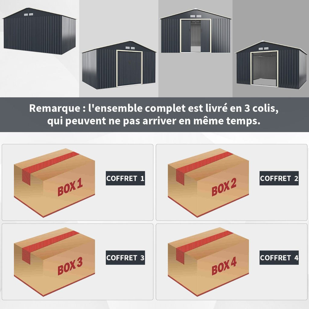 Abri de Jardin en Métal & Extension 10.85©O avec 2 Portes Coulissantes Verrouillables 4 Trous d’Aération Gris pour Vélo