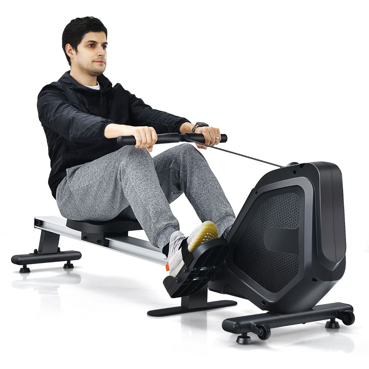Rameur Magnétique Résistanceà 8 Niveaux Pliable 2 Roues Flexibles Rail Coulissant en Aluminium Ecran LCD Support d'Appareil