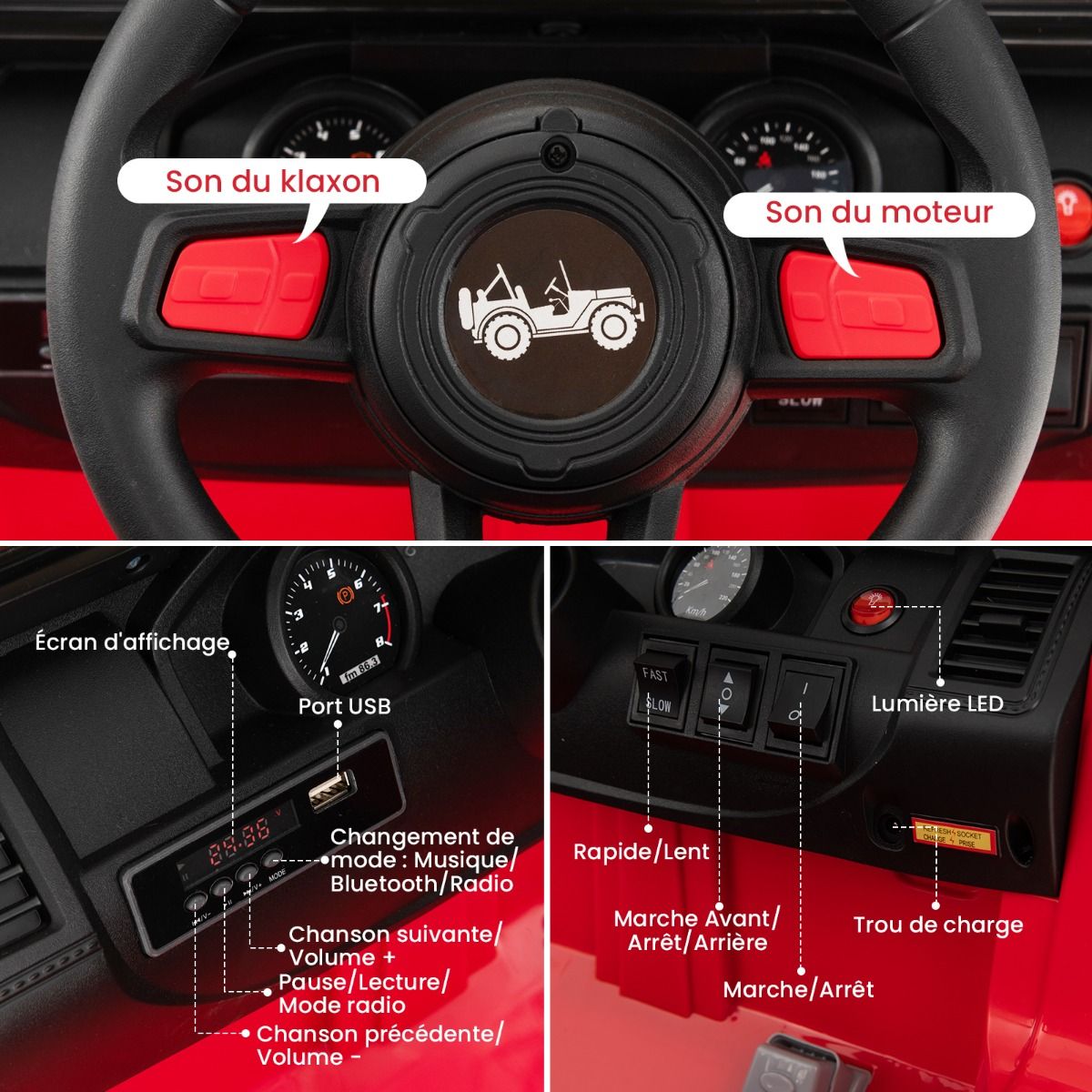 24V Voiture électrique 2 Places Enfants avec Télécommande 2,4G Musique LED Démarrage Lent 2 Vitesses Charge 35kg pour 3-8 Ans+ Rouge/Rose/Vert