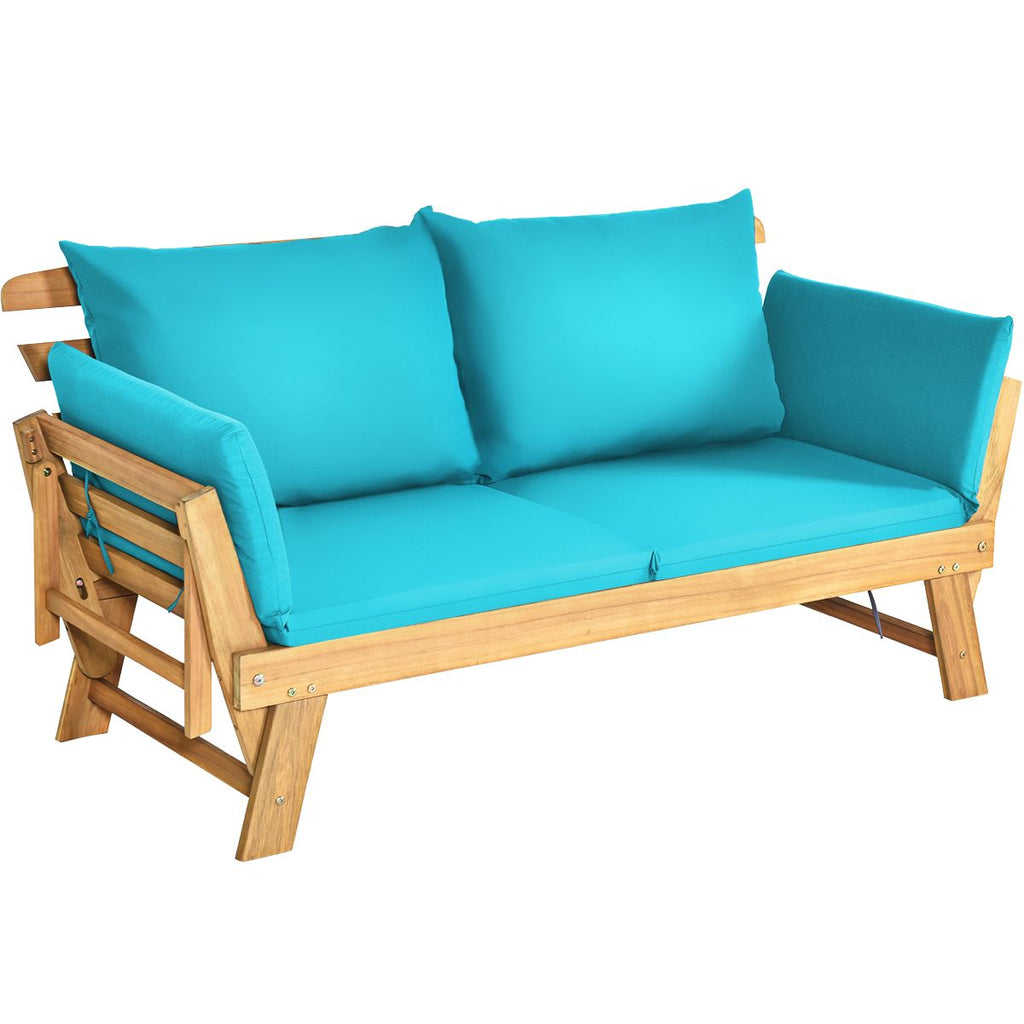 Chaise Longue Convertible avec Coussin Canapé de Jardin 2 en 1 en Bois d’Acacia avec Accoudoir Réglable pour Patio Piscine Jardin Blanc/Gris/Bleu/Rouge