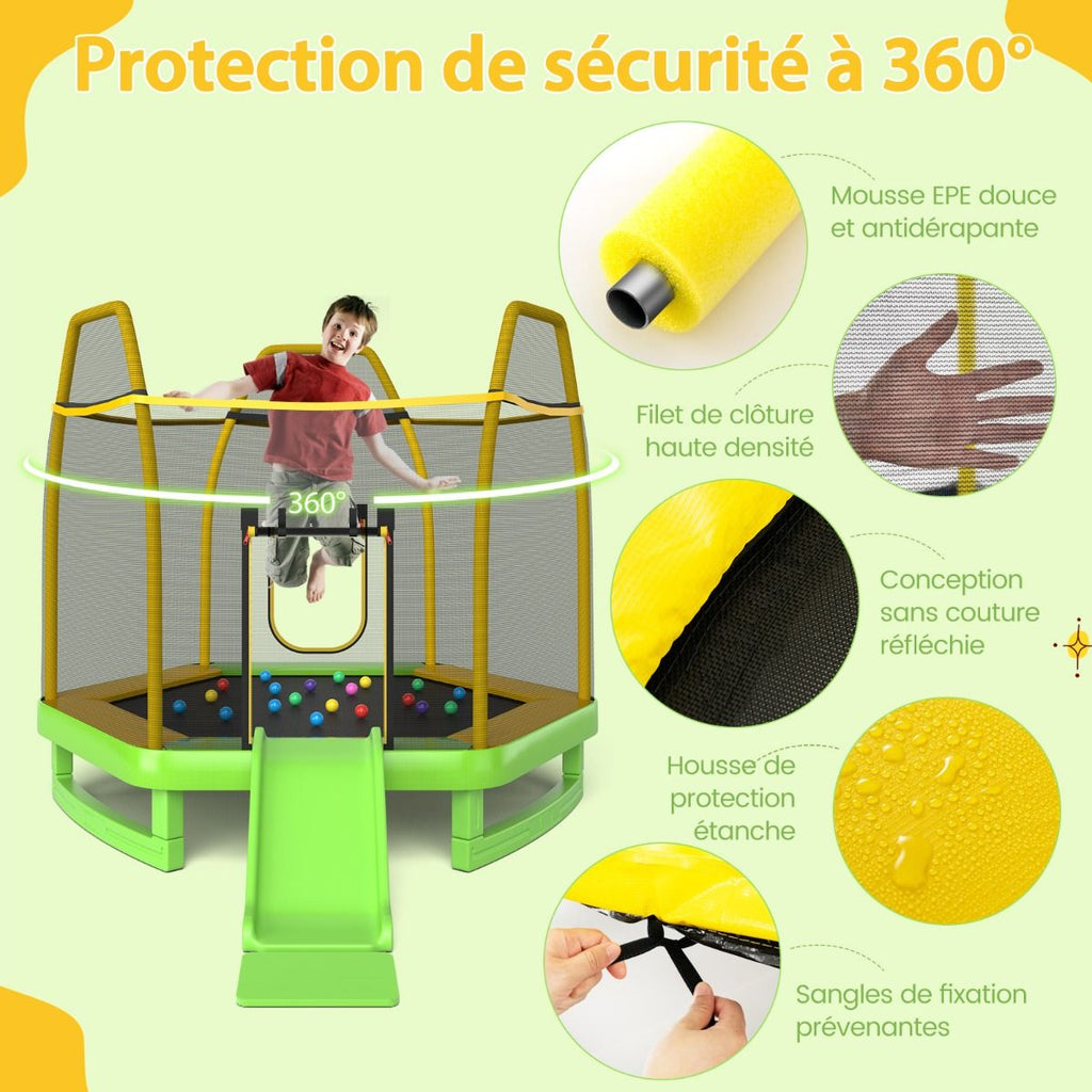 Trampoline Extérieur ? 223cm avec Toboggan&Echelle avec Filet de Sécurité 2 Portes en U Charge 270kg pour 2-3 Enfants de 3 Ans+ Bleu/Vert
