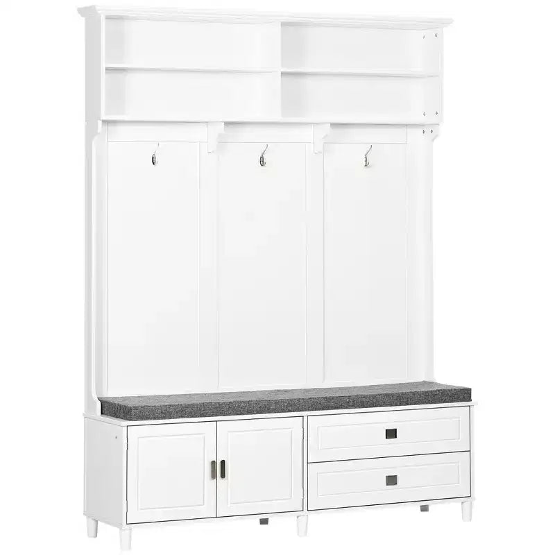 HOMCOM Hall Tree with Storage Bench, Entryway Bench with Coat Rack, Accent Coat Tree with Storage Shelves, Cabinet and Drawers for Hallway, White