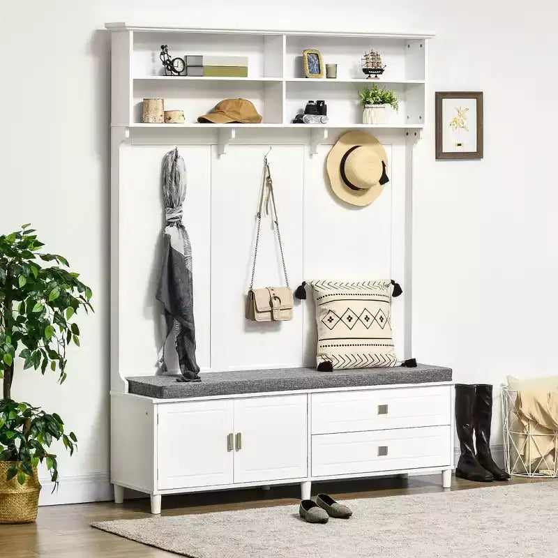 HOMCOM Hall Tree with Storage Bench, Entryway Bench with Coat Rack, Accent Coat Tree with Storage Shelves, Cabinet and Drawers for Hallway, White