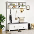 HOMCOM Hall Tree with Storage Bench, Entryway Bench with Coat Rack, Accent Coat Tree with Storage Shelves, Cabinet and Drawers for Hallway, White