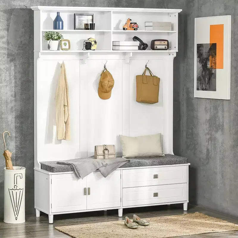 HOMCOM Hall Tree with Storage Bench, Entryway Bench with Coat Rack, Accent Coat Tree with Storage Shelves, Cabinet and Drawers for Hallway, White