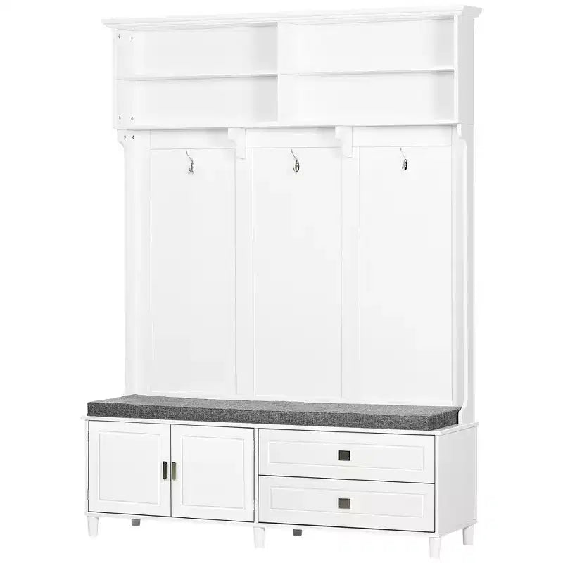 HOMCOM Hall Tree with Storage Bench, Entryway Bench with Coat Rack, Accent Coat Tree with Storage Shelves, Cabinet and Drawers for Hallway, White
