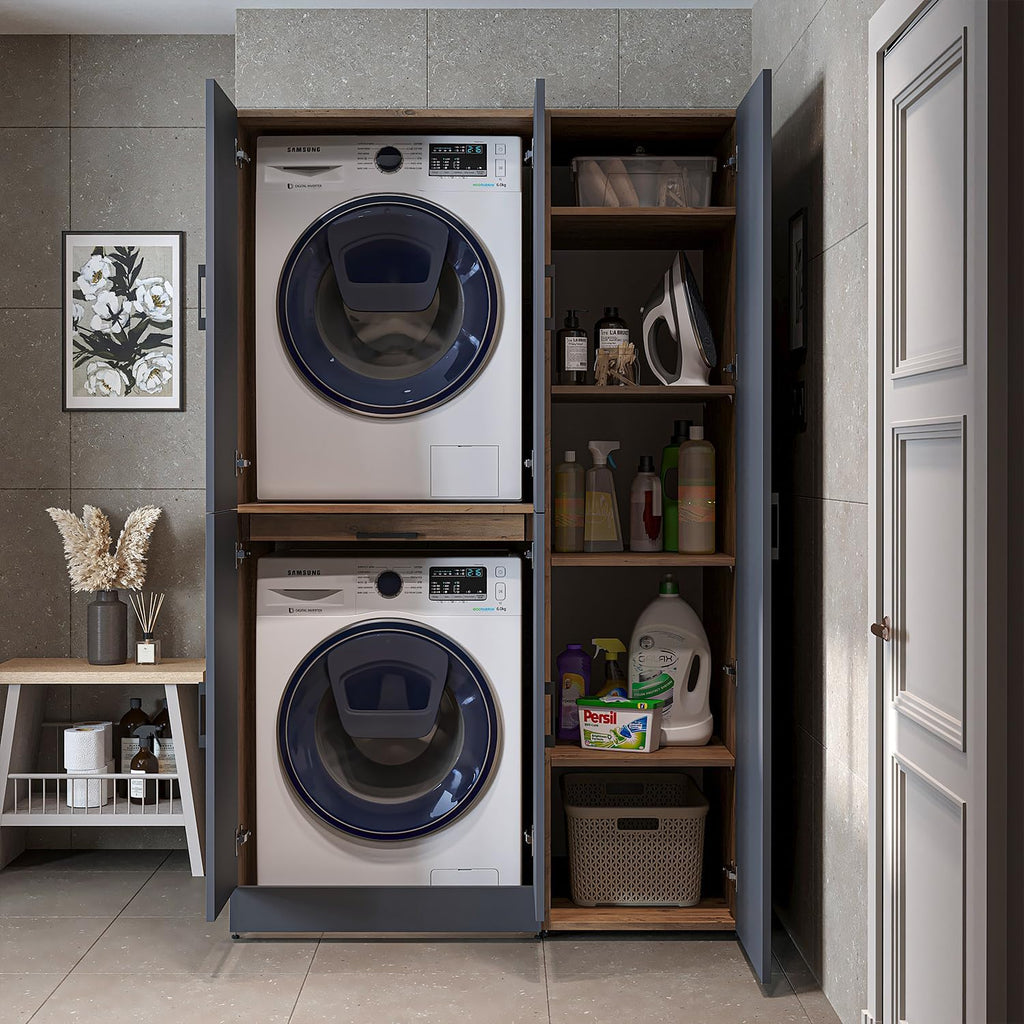 ROOMART Dora - Armoire de machine à laver - Pour sèche-linge et machine à laver - En 4 couleurs - Avec portes et panneau coulissant - Blanc - Chêne blanc - Chêne anthracite - Chêne blanc (chêne blanc)