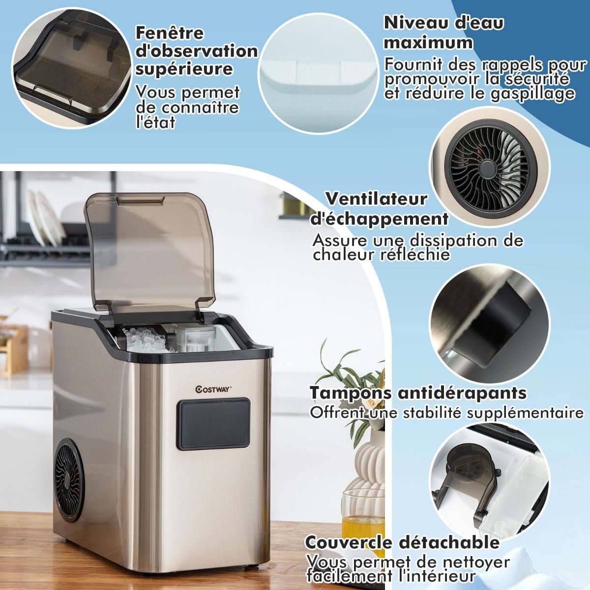 Machine à Gla?ons 24kg en 24h Panneau de Contr?le Tactile LED