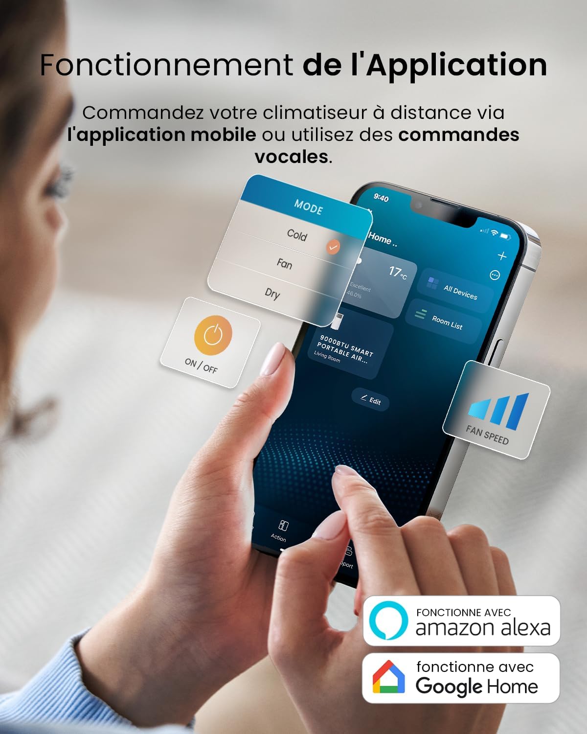 Climatiseur Mobile 4-en-1 9000 BTU - Clim Puissante compatible WiFi avec Application- Minuterie 24 heures, Télécommande et Kit Fenêtre inclus pour Chambre, Salon 22m2 [Classe énergétique A]