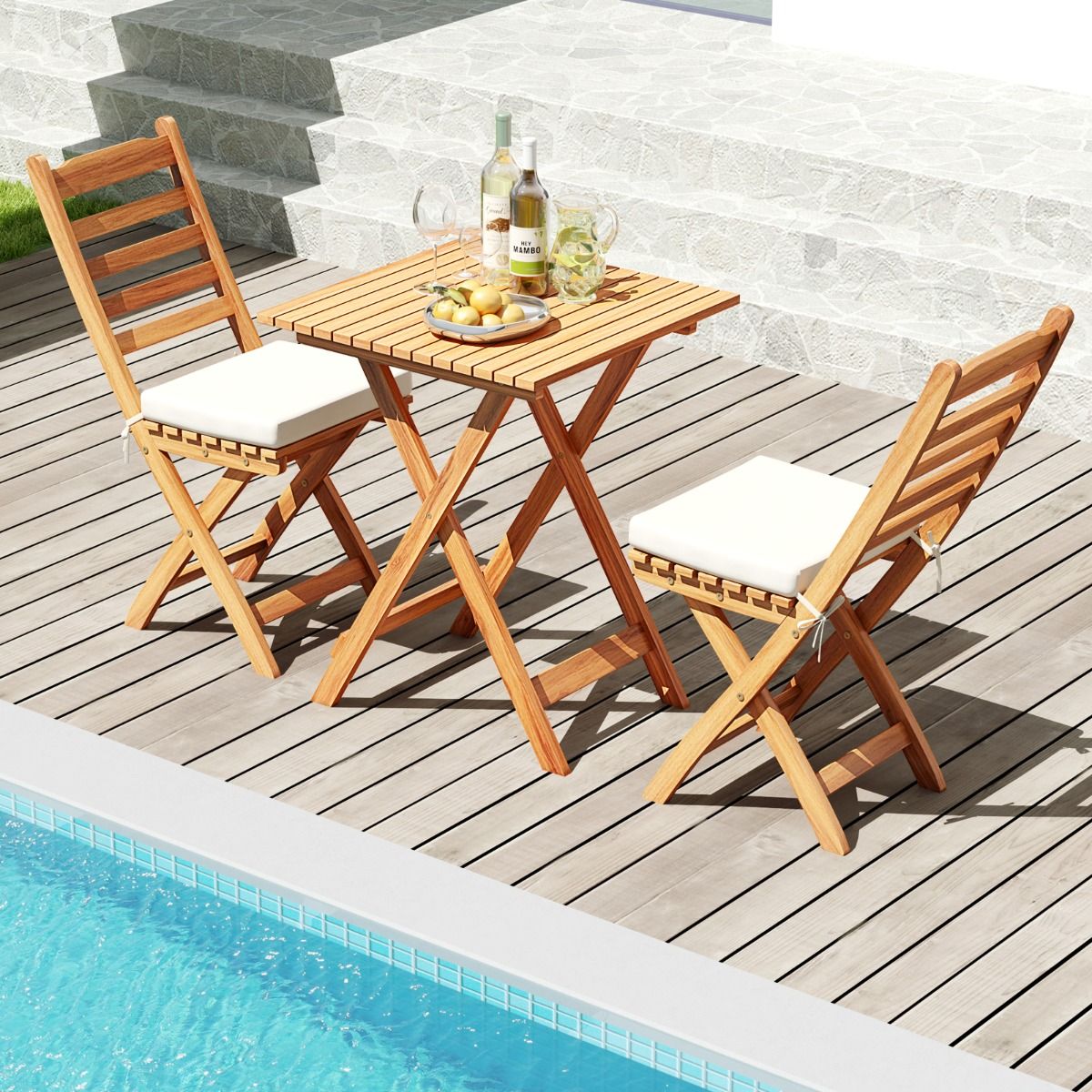 Ensemble Bistrot d'Extérieur en Bois d'Acacia Ensemble de Chaises Pliantes et Table Coussins de Siège Sans Accoudoirs à Dossier Haut Blanc