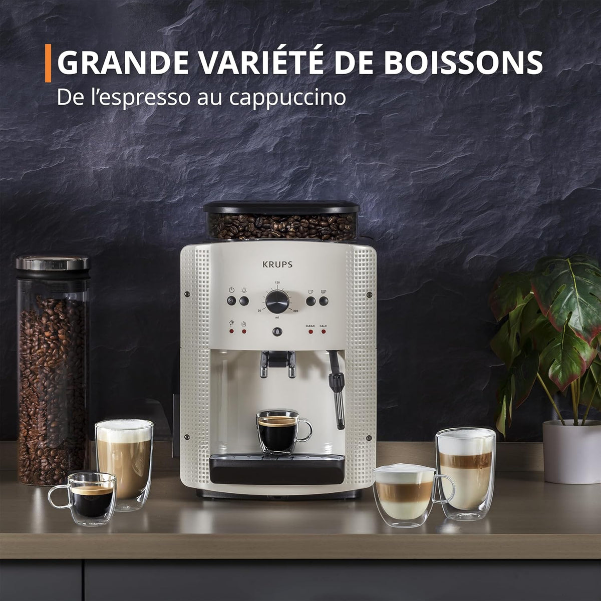 Krups Machine à café grain, 1,7 L, 2 tasses en simultané, Nettoyage automatique, Buse vapeur pour Cappuccino, Cafetière espresso, Essential noire YY8125FD, Noir