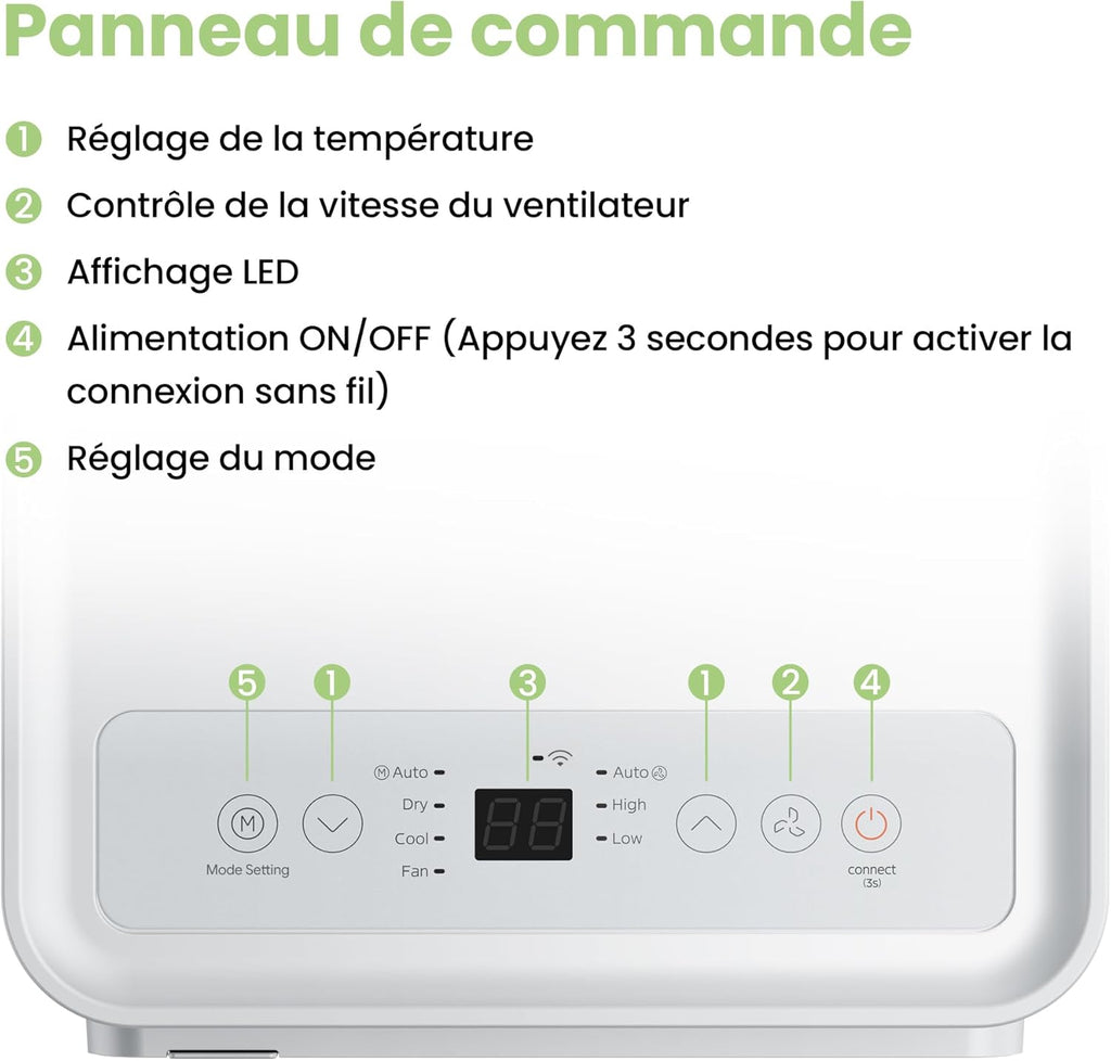 COMFEE' Climatiseur Mobile 9000 BTU/h 2,6kW, 3-EN-1 Refroidisseur Déshumidificateur Ventilateur, Fonction Follow me, Minuterie, Mode nuit, Pour salon et maison de 33©O/88m3, MPPH-09CRN7, R290