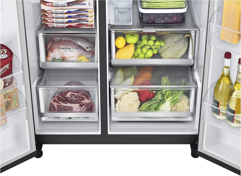 LG GSXV91MCAF Réfrigérateur combiné - Side by Side, 635L, InstaView, Total No-Frost, Compartiment congélation, Distributeur d'eau et glace UVnano, Compresseur Inverter Linear, Wi-Fi, Noir, Classe F
