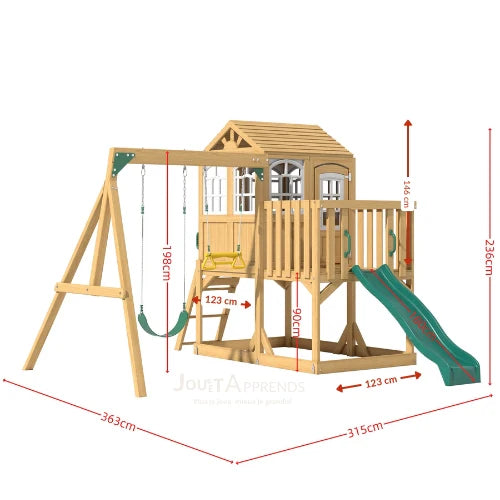 Aire de jeux enfant Montessori - 3 en 1 Balan?oire, Toboggan, Cabane en bois modulable