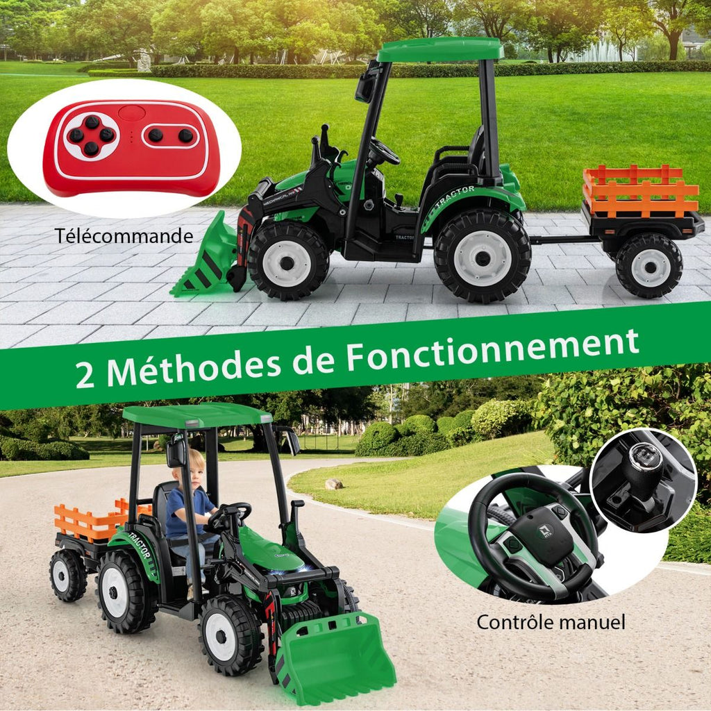 12V Tracteur électrique Enfants avec Pelle&Remorque Amovible Véhicule électrique à 6 Roues avec Télécommande & Musique 3-6 km/h pour 3-8 Ans Jaune/Vert
