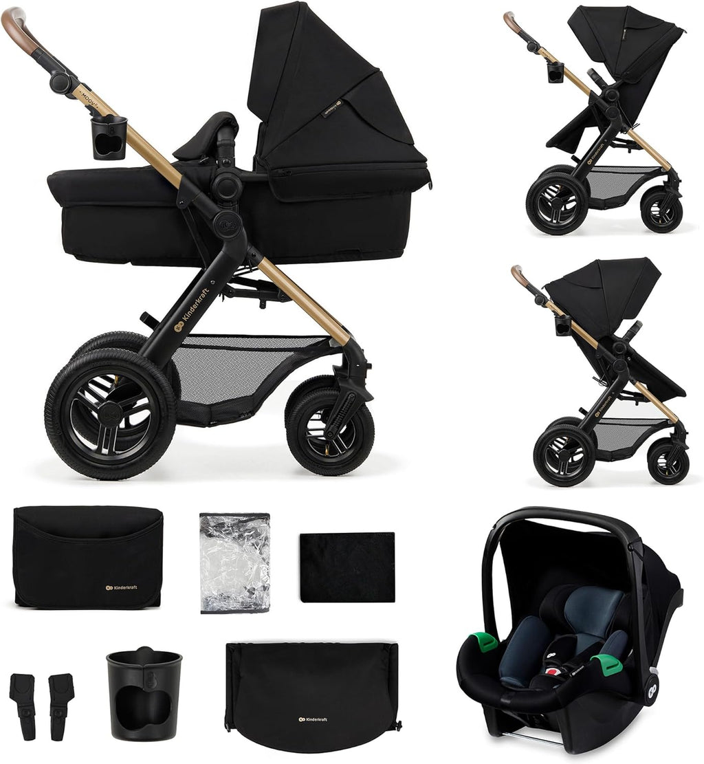 Kinderkraft MOOV2 Poussette 3 en 1, Système de voyage de la naissance à 27 kg, Siège auto Mink PRO I-Size inclus, Capote extensible avec filtre UPF50+, Accessoires pratiques, Gris