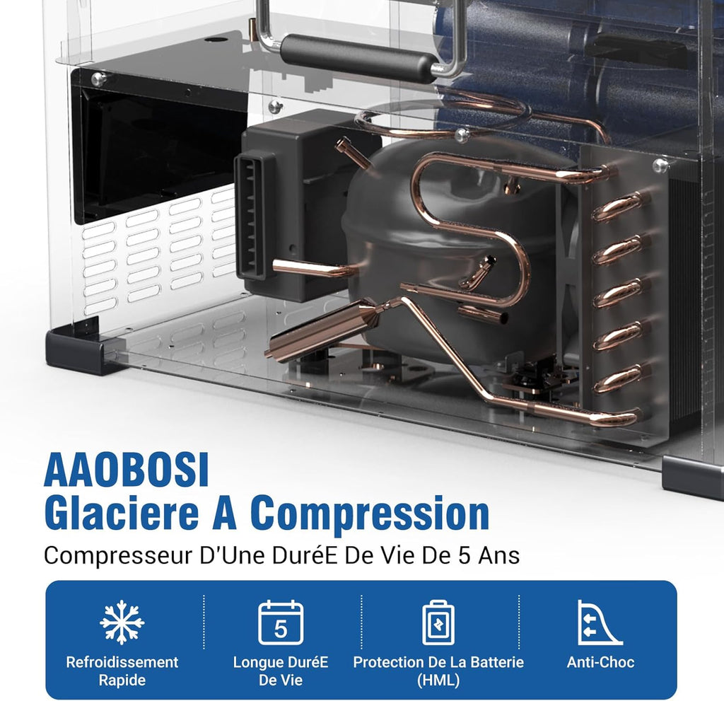 AAOBOSI 45L Glacière à Compresseur, Glaciere électrique -20°C à 20°C, Frigo Camion APP&Bouton Contr?le, 12/24V DC et 100-240V AC Glaciere Camping Pour Voiture, Camion, Bateau et Prise De Courant