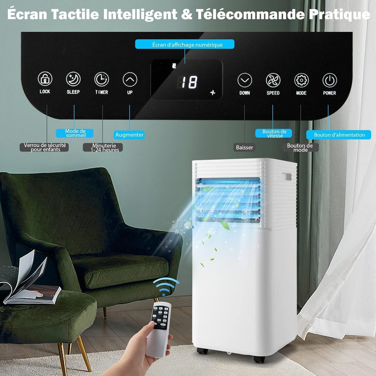 GOPLUS Climatiseur Mobile 9000BTU 2,6kW, Climatiseur 4 en 1 Fonction de Refroidissement, Déshumidification, Ventilation, Mode Nuit, Minuterie 24H, Contr?le Télécommande/écran, 20©O, Noir, R290