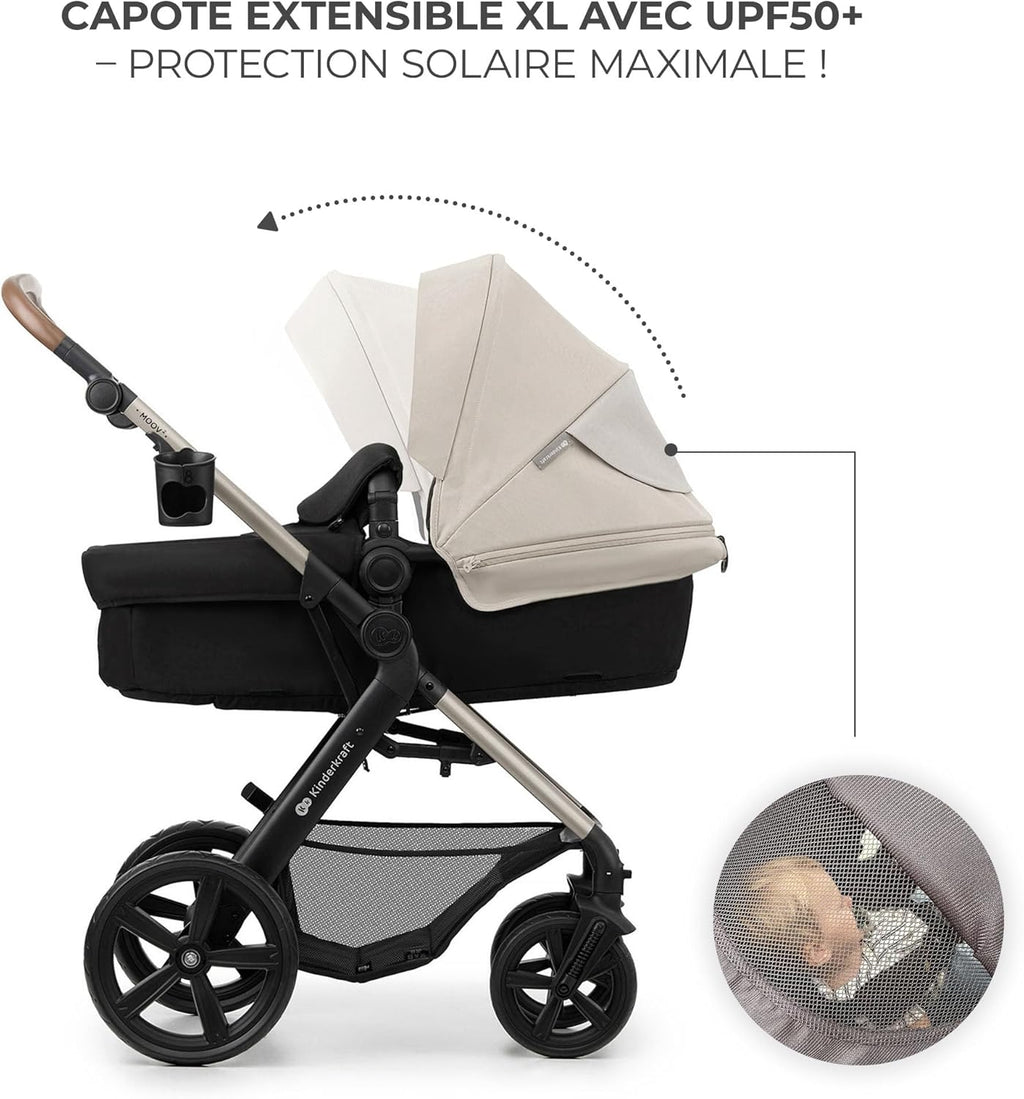 Kinderkraft MOOV2 Poussette 3 en 1, Système de voyage de la naissance à 27 kg, Siège auto Mink PRO I-Size inclus, Capote extensible avec filtre UPF50+, Accessoires pratiques, Gris