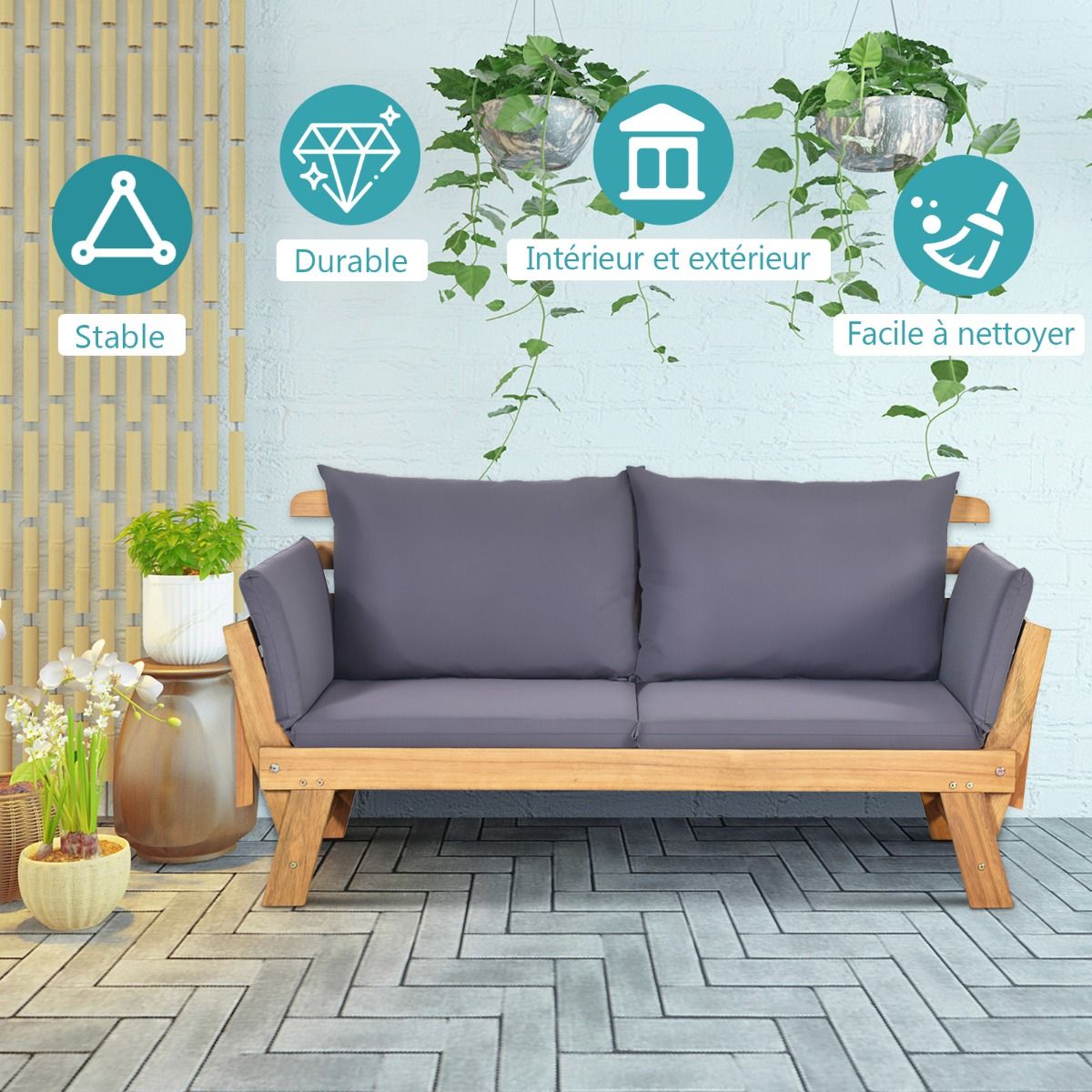 Chaise Longue Convertible avec Coussin Canapé de Jardin 2 en 1 en Bois d’Acacia avec Accoudoir Réglable pour Patio Piscine Jardin Blanc/Gris/Bleu/Rouge