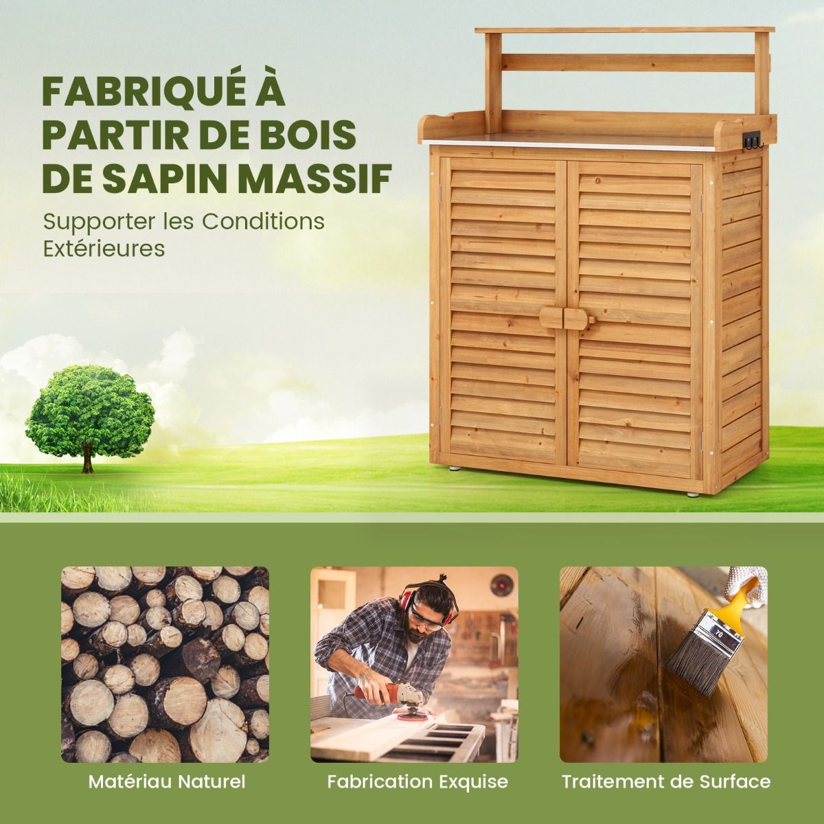 Banc d'Empotage d'Extérieur Table de Jardinage avec Comptoir en Métal Galvanisé 3 Crochets de Suspension Etagères Amovibles Naturel