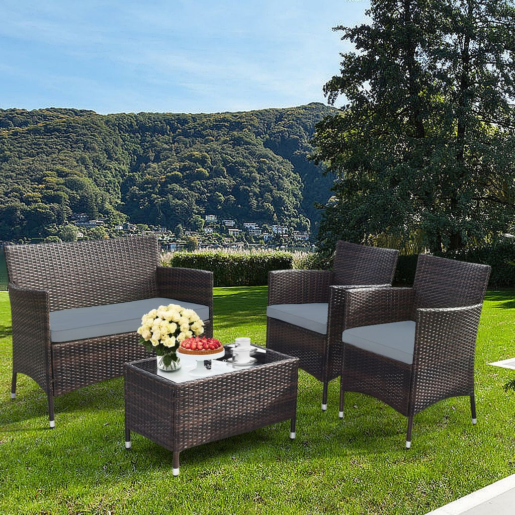Salon de Jardin 4 PCS Mobilier de Terrasse en Rotin PE pour Véranda Patio Terrasse Piscine Marron et Gris